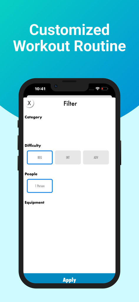 MMA Mixed Martial Arts - Customized workout routine filter screen in the MMA Mixed Martial Arts app showing difficulty and participant options