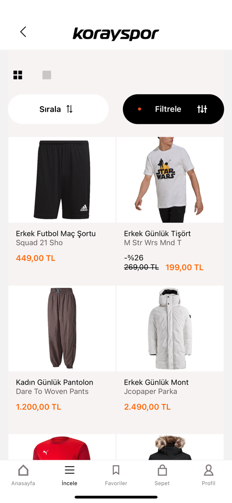 Korayspor Mobil - Product listing on the Korayspor app featuring sportswear and casual clothing from major brands