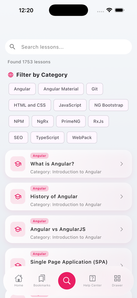 Learn Angular Development - Suchbildschirm für Angular-Entwicklungslektionen mit Kategorie-Filtern