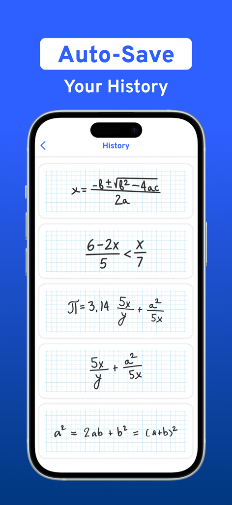 History screen of MathGo app showing saved math problems