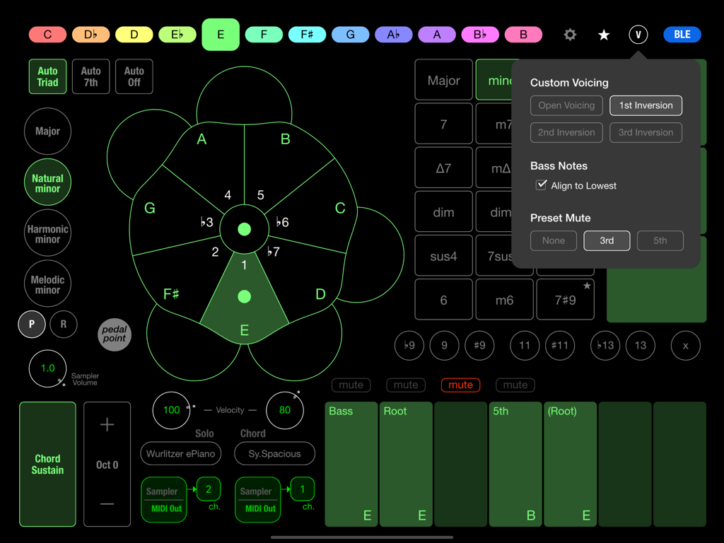 Chordy 2 - Chordy 2 iPad app interface displaying chord selection wheel and custom voicing menu