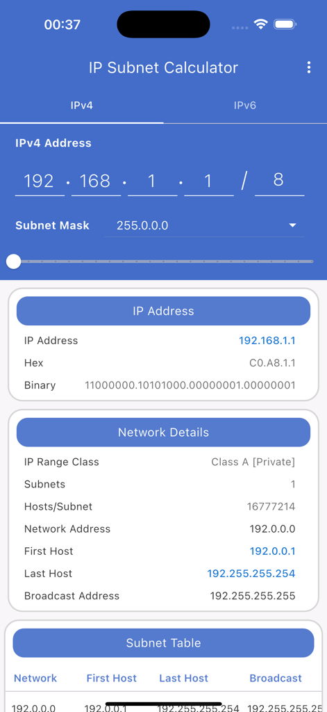 Mobile app screen showing IPv4 subnet calculation results including network address and host range