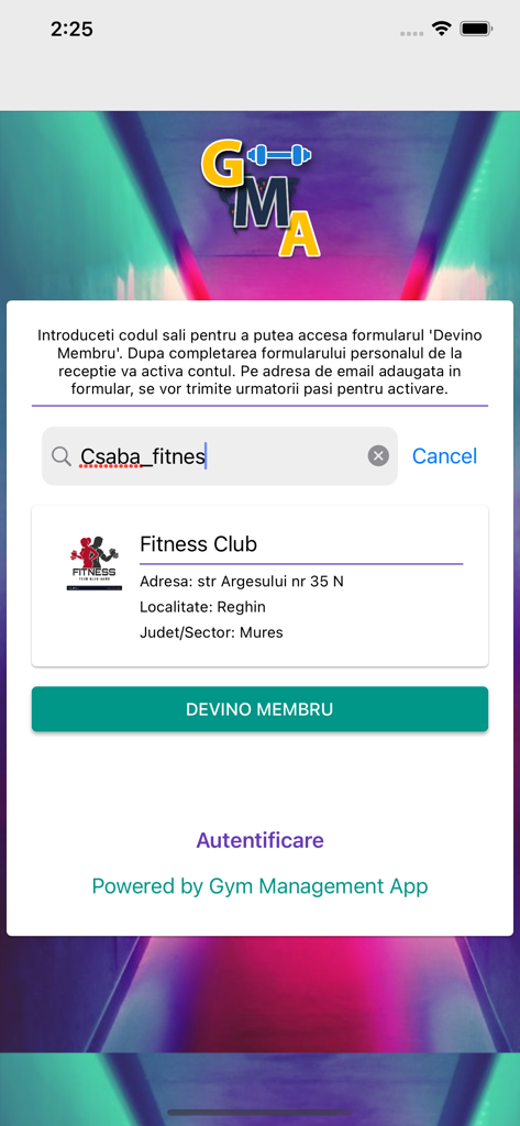 Interfaz de la aplicación GMA que muestra un resultado de búsqueda de club de gimnasio y un botón para unirse como miembro