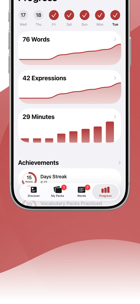 Learn German with LENGO - The progress screen of the Learn German with LENGO app displaying statistics for words learned and daily streaks