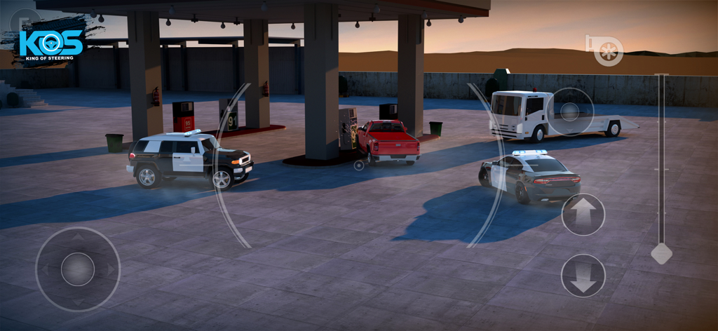 King Of Steering Hajwala gameplay showing various vehicles including police cars and a pickup truck at a gas station