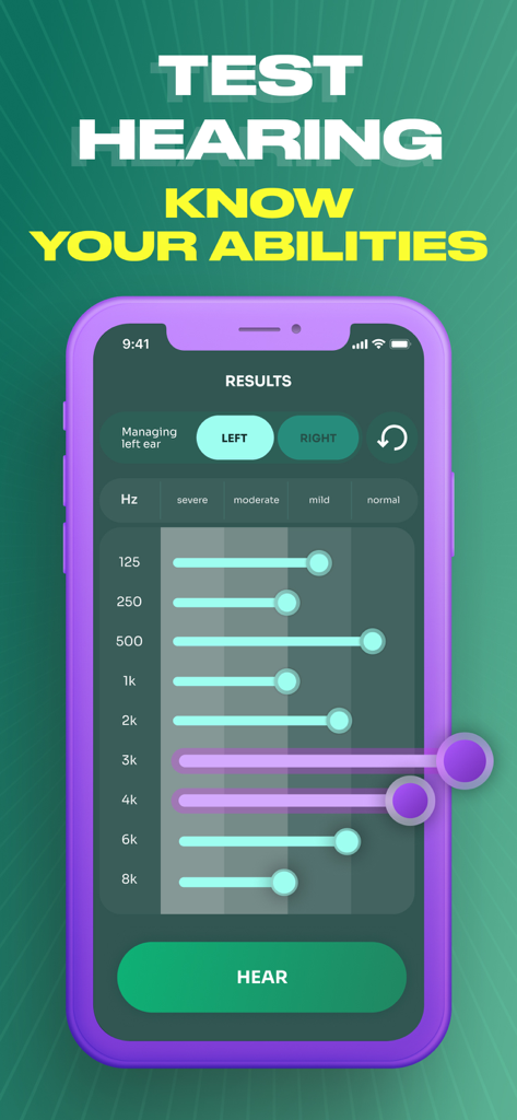 Hearing test results screen in the Sound Amplifier app showing hearing ability across frequencies
