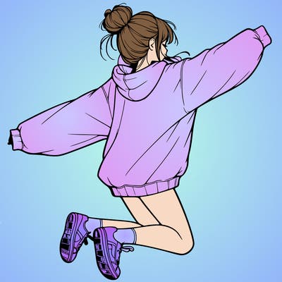 realistic girl jumping with a bun and oversized sweatshirt