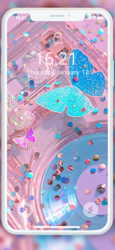 Cute Girly Wallpaper 4k - Aesthetic lock screen with a blue butterfly and pink glittery design
