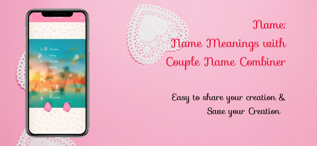 Naming: Name Meaning, Combiner - Graphique promotionnel pour l'application Naming montrant un smartphone avec de l'art de signification de nom et du texte descriptif sur fond rose