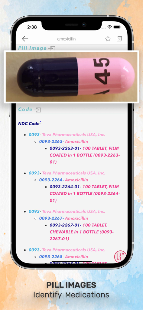 Davis’s Drug Guide for Nurses - Pill identification feature in the Davis Drug Guide app showing an amoxicillin capsule and NDC codes.