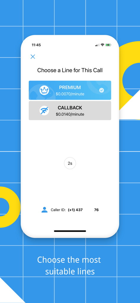 TeleMe – Record on 2nd Number - TeleMe app interface showing options to choose between premium and callback lines for a phone call with per minute rates