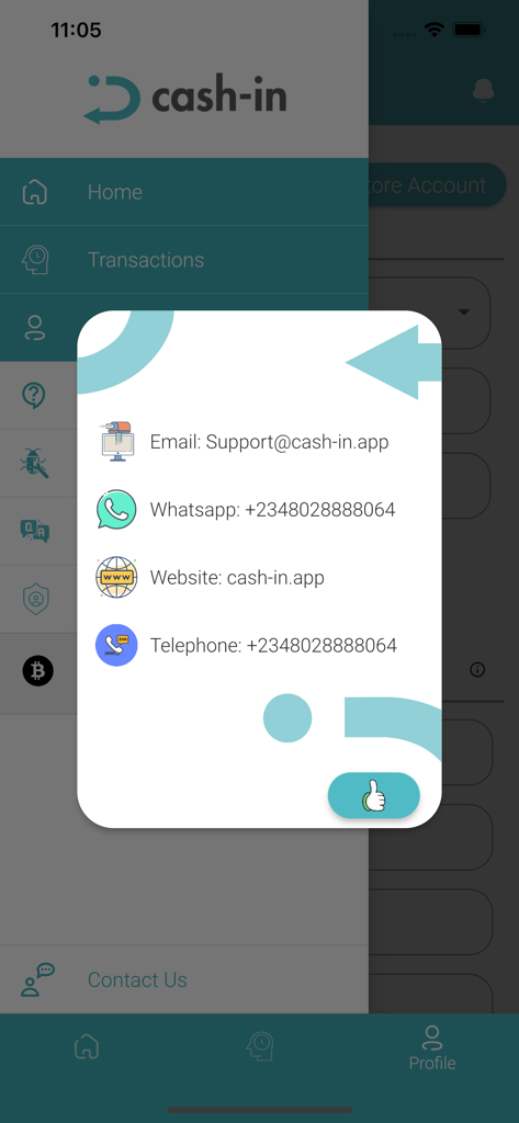 Cash-in: Crypto to naira app - Contact Us screen showing email and WhatsApp support for Cash-in crypto to Naira app