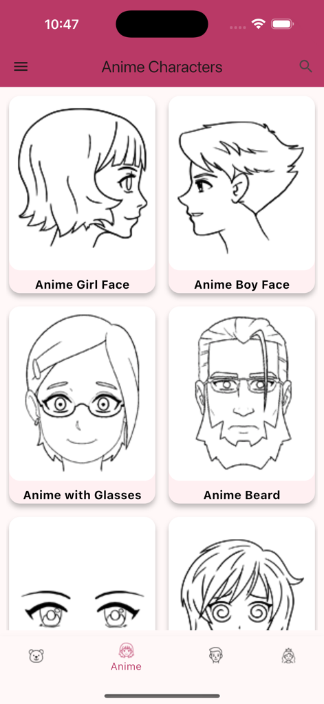 Learn Drawing - Step by Step - Interfaz de la aplicación Aprende a Dibujar mostrando varios tutoriales de rostros de anime, incluyendo chicas, chicos y personajes con gafas