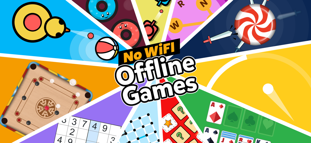 Offline Games: No WiFi Fun - Un collage vibrante de múltiples minijuegos, incluyendo Sudoku, Solitario y juegos de mesa de la app Juegos sin conexión: Diversión sin WiFi