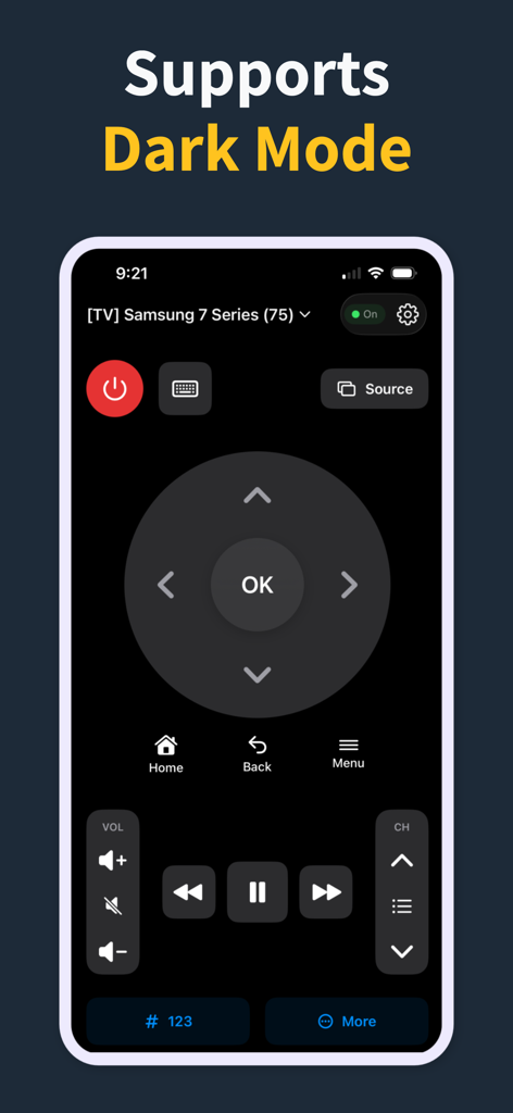 Remote Control for TV Pro - Interfaz de usuario de la aplicación Control Remoto para TV Pro con un tema de modo oscuro con botones de control de TV estándar como encendido, volumen y navegación.