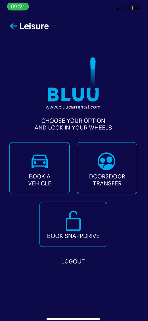 Bluu Car Rental - Bluu Car Rental app leisure menu showing options for booking a vehicle and door to door transfers