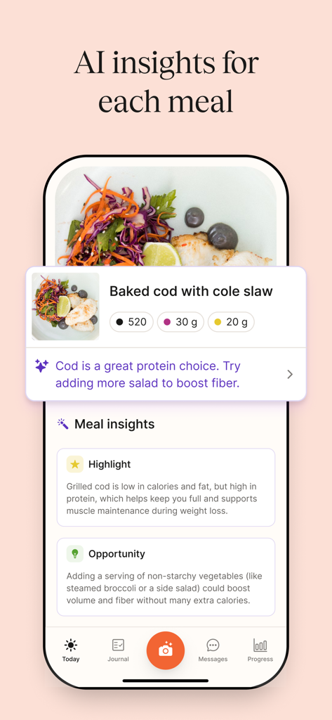 Nourish: Eating Well Made Easy - Interfaccia dell'app Nourish che visualizza approfondimenti nutrizionali IA e registrazione dei pasti per un piatto di merluzzo al forno