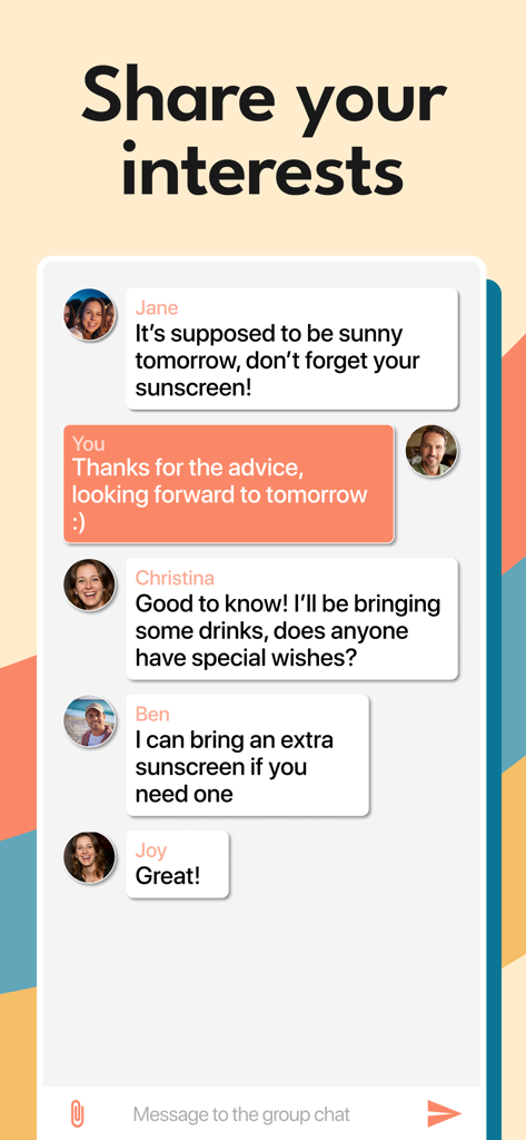 A group chat interface in the Meet5 app where users are coordinating an upcoming outdoor activity by discussing sunscreen and drinks.