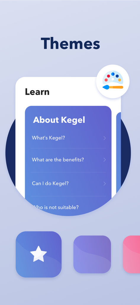 Kegel Exercises Pelvic Floor - Kegel Exercises app interface showing theme customization options and educational content about pelvic floor health