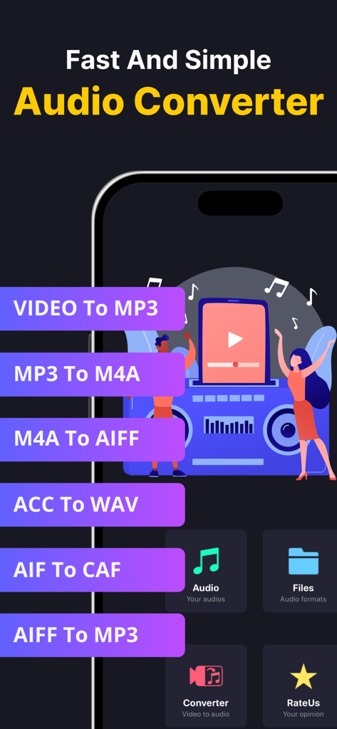 Audio Converter MP3 Converter - Mobile app interface of Audio Converter MP3 Converter showing various conversion options like Video to MP3 and M4A to AIFF.