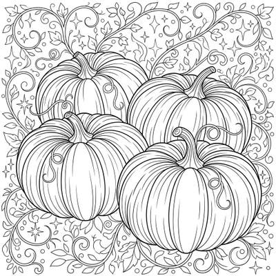Delight in the whimsy of the harvest season with this beautiful coloring page featuring four prominent Cinderella Pumpkins. Lose yourself in the intricate details of swirling vines and magical sparkles, perfect for a relaxing creative escape.