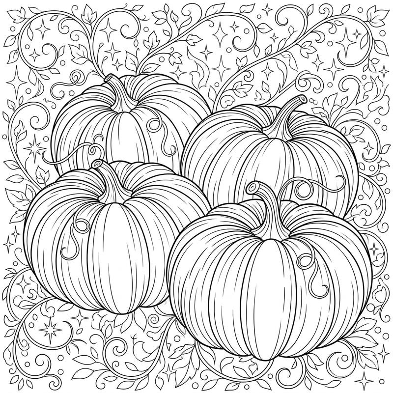 Delight in the whimsy of the harvest season with this beautiful coloring page featuring four prominent Cinderella Pumpkins. Lose yourself in the intricate details of swirling vines and magical sparkles, perfect for a relaxing creative escape.