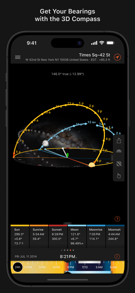 Sun Surveyor app 3D compass interface showing sun and moon paths over New York City