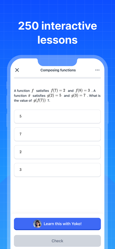SAT® Test Prep 2026 - A smartphone displaying an interactive SAT math lesson on composing functions with a call to action to learn with an AI tutor