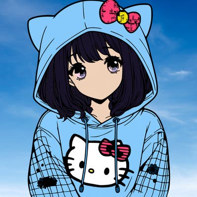 a girl wearing a hello kitty sweater with hood also realistic