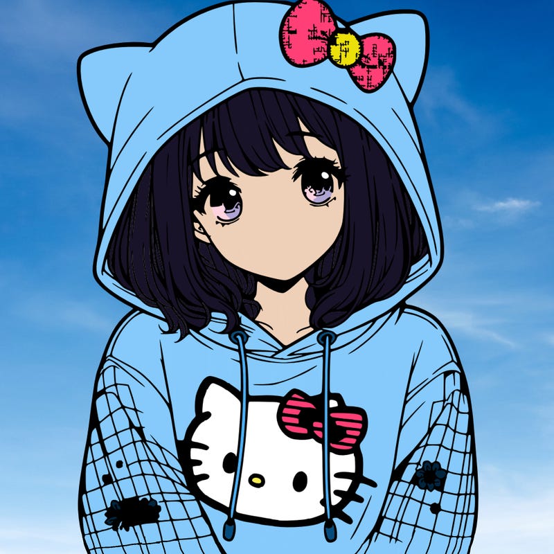 a girl wearing a hello kitty sweater with hood also realistic