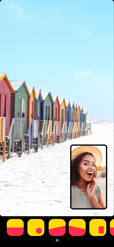 Eine Split-Screen-Ansicht, die Strandhütten und die Reaktion einer Frau zeigt, aufgenommen mit der Double Camera App