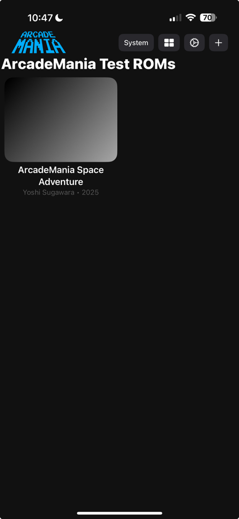 Interface of the ArcadeMania app showing a library of test ROMs on a dark background