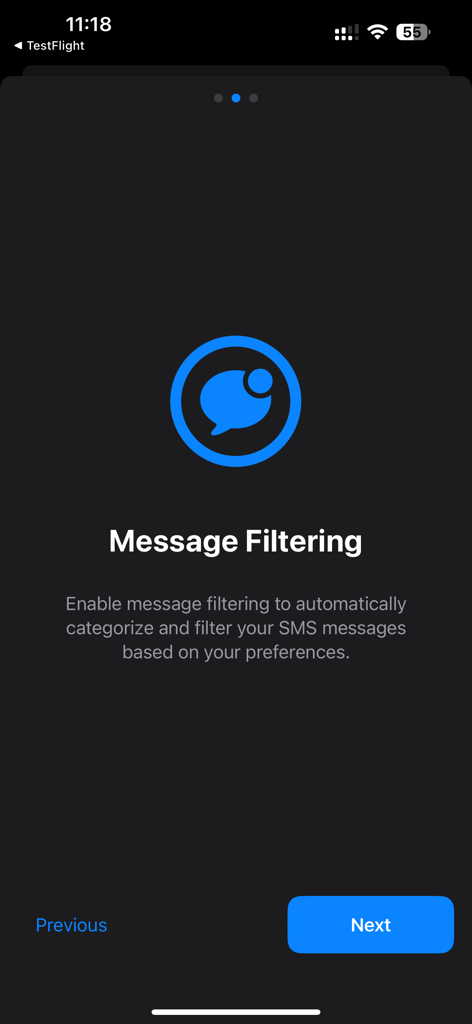 SMS Cleaner+ - Schermata di onboarding dell'app SMS Cleaner plus che spiega le funzionalità di filtraggio dei messaggi
