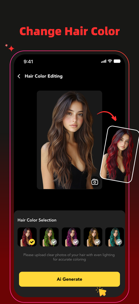 Maker AI Photo & Video Creator - Una pantalla de aplicación móvil que muestra la función de edición de color de cabello, donde una mujer transforma su cabello castaño en un rojo vibrante utilizando herramientas de selección de IA