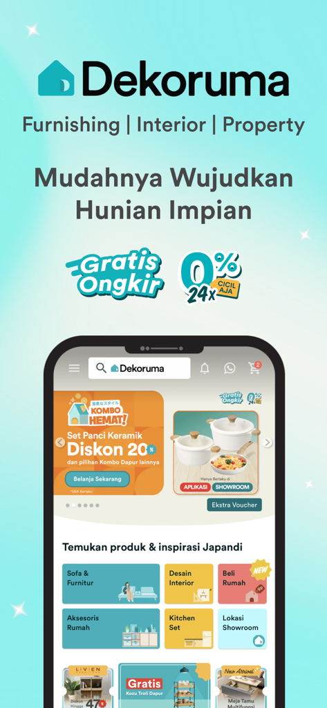 Dekoruma mobile app interface showing furniture categories and interior design services