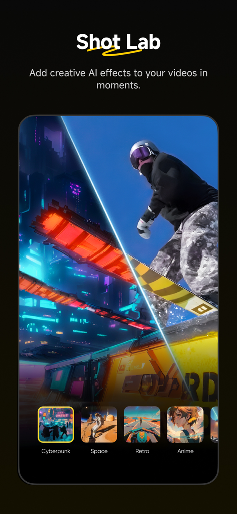 The Insta360 app Shot Lab interface showcasing creative AI video effects like Cyberpunk and Anime applied to action sports footage.