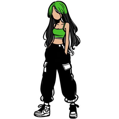 girl in baggy pants crop top and long hair