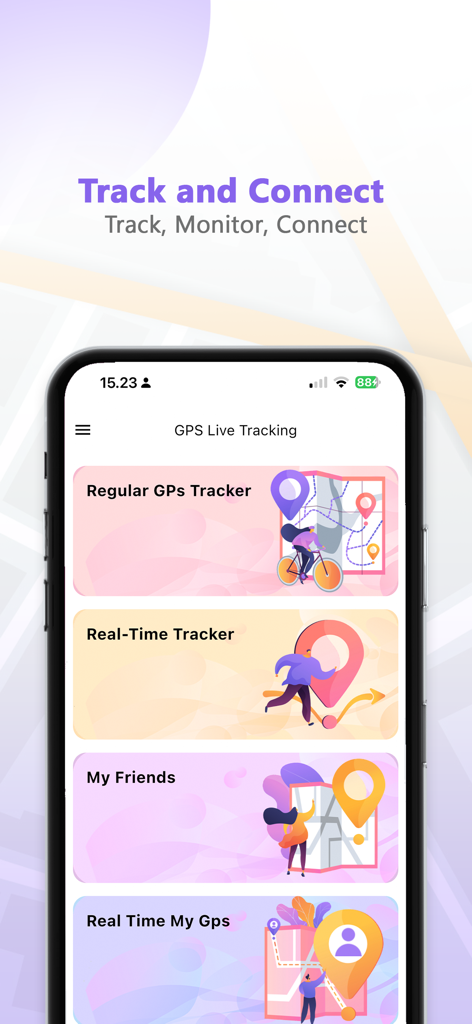 Track location: Findmyfriends - Home screen of the GPS Live Tracking app showing navigation menu options like Real Time Tracker and My Friends