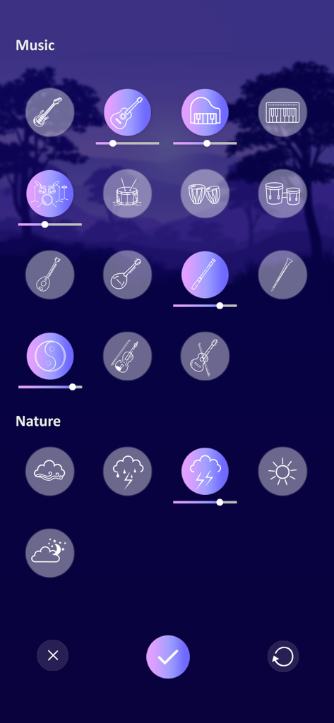 Amazing Rain and Thunder Sound - Interfaz del mezclador de sonido personalizado con iconos de música y naturaleza y controles deslizantes de volumen para la relajación