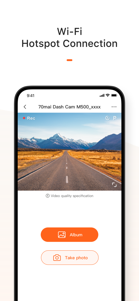 Smartphone screen displaying the 70mai app with a live dashcam video preview of a mountain road
