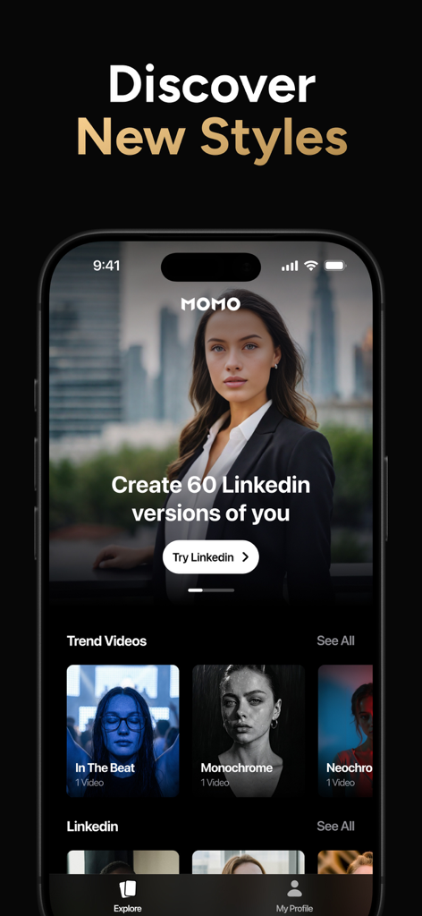 Momo - AI Photo Generator - Momo AI app interface showing options to create professional LinkedIn headshots and explore trending photo styles.