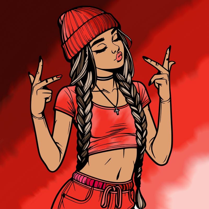 realistic teenage girl with braids and a beanie and crop top doing 🫶🏼