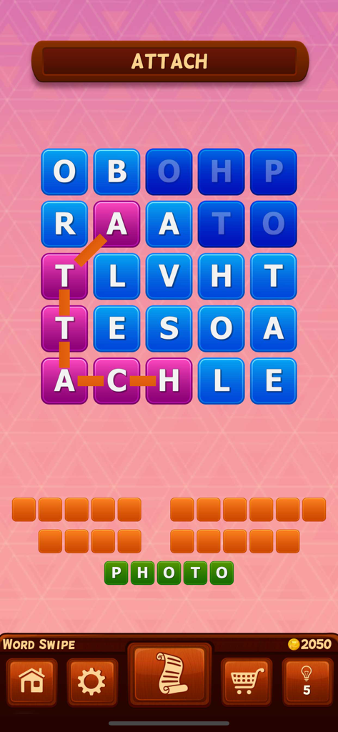 Gameplay of Word Swipe showing a grid of letters with the word ATTACH highlighted and connected by a line.