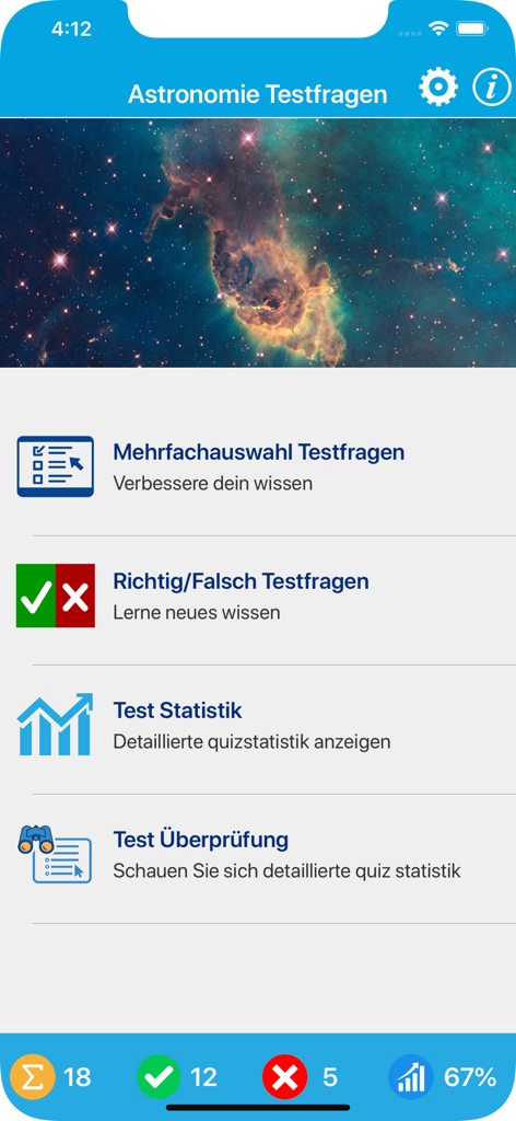 Die Astronomie Quiz - Hauptmenü der Die Astronomie Quiz Mobile App, das verschiedene Quiz-Modi und Benutzerleistungsstatistiken anzeigt