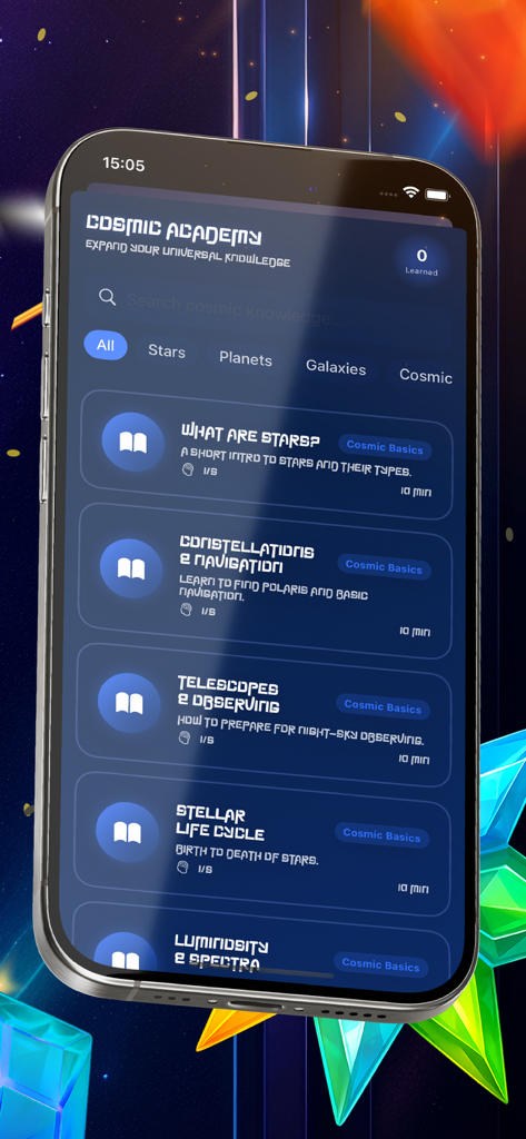 Interface de la Cosmic Academy dans WinStar Universe montrant des leçons éducatives sur les étoiles, les constellations et les cycles de vie stellaires.