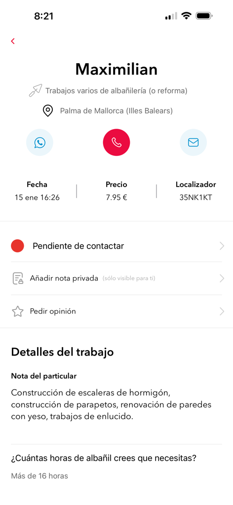 Ecrã da app Habitissimo mostrando um pedido detalhado de trabalho de alvenaria com opções de contacto