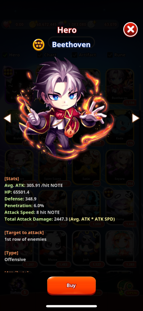 Profile screen of the Beethoven hero in RhythmStar showing character stats and offensive type