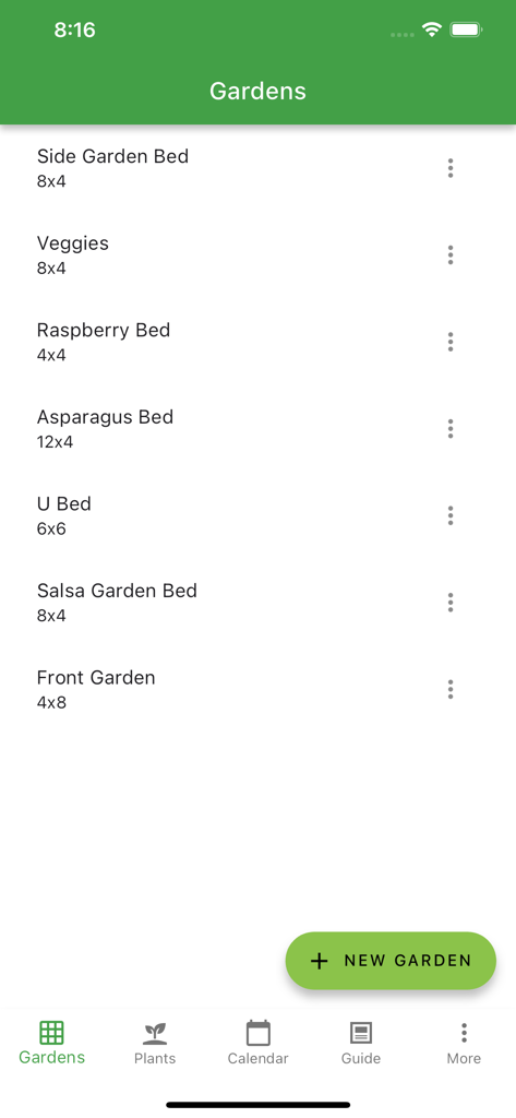 Uma lista de canteiros e dimensões personalizados dentro do painel do aplicativo Planter