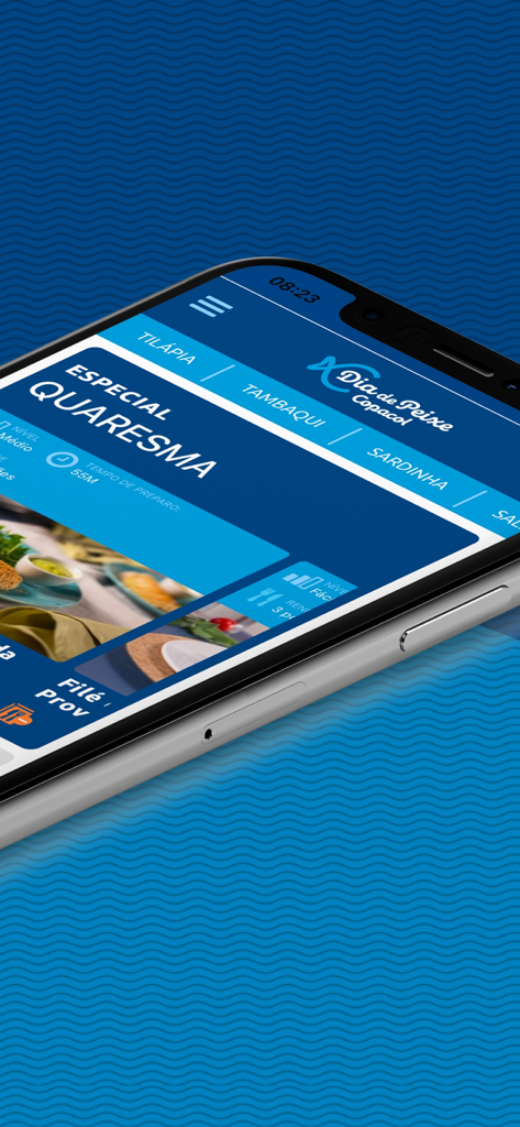 Smartphone-Bildschirm, der die Benutzeroberfläche der Meeresfrüchterezept-App Dia de Peixe anzeigt