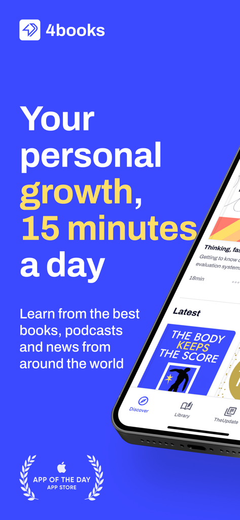 4books: Audiobooks & Podcasts - 4books app interface showing personal growth book summaries and App of the Day badge